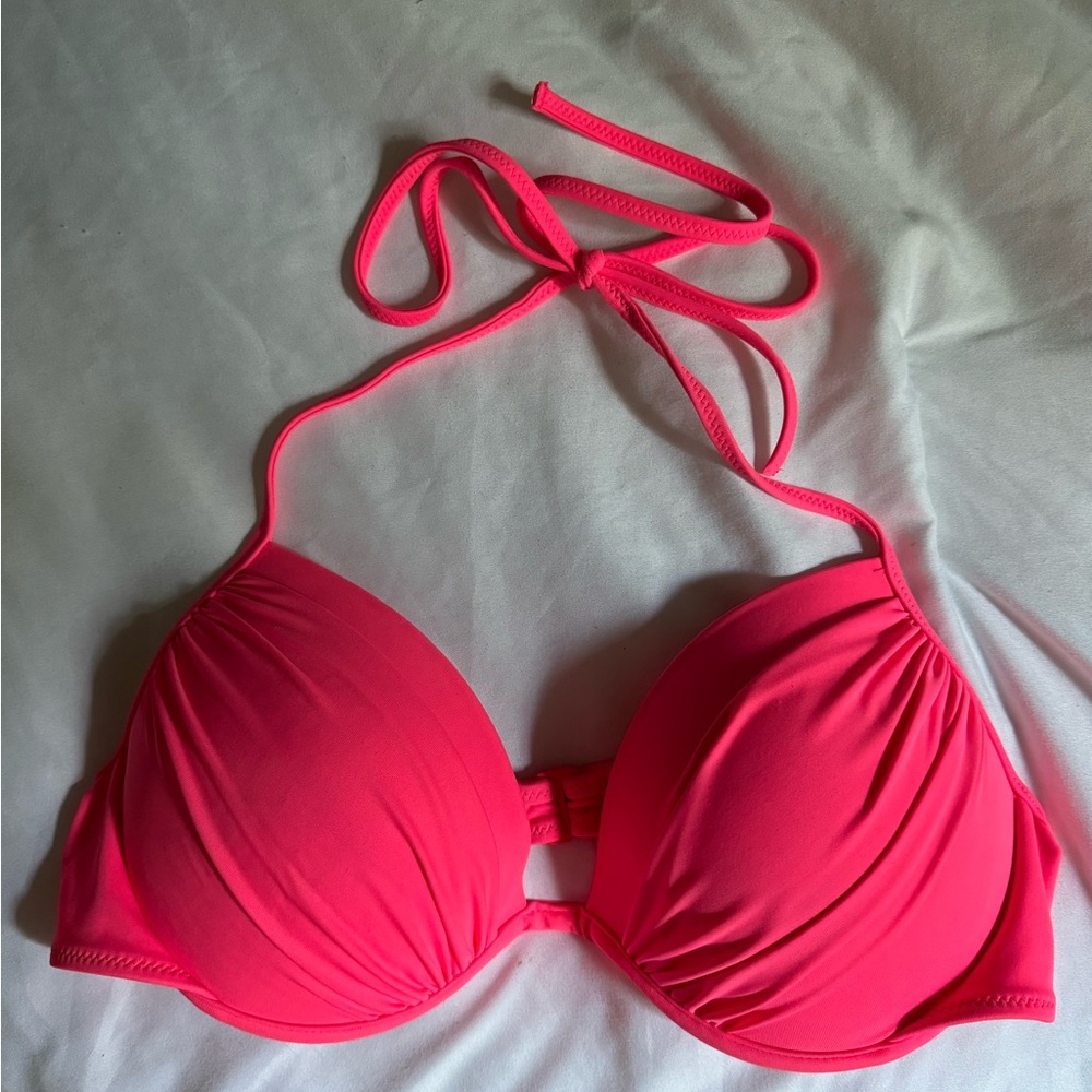 Shade & Shore Underwire Tie Halter Bikini Top Hot Pink Size 36B